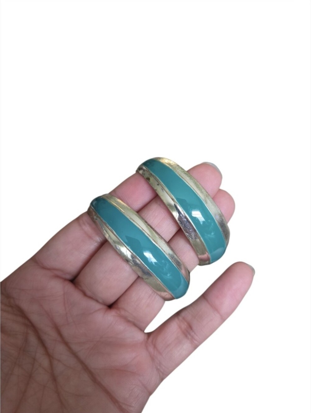 Vintage Silver Toned Turquoise Enamel Hinged Hoop Earrings 2"